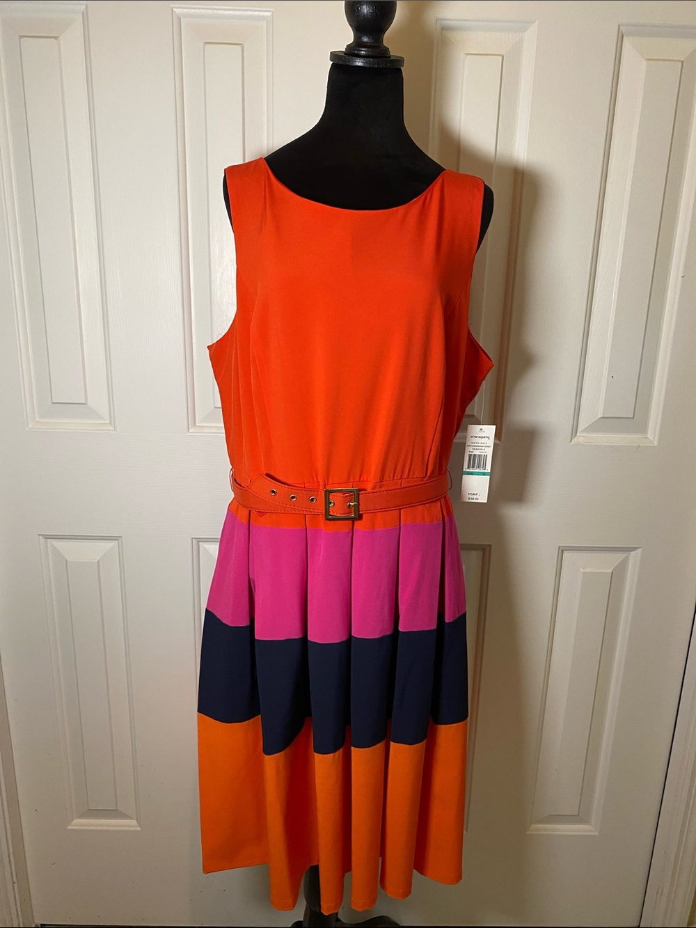 NWT Sharagano Orange, Pink & Navy Colorblock Midi Dress with Belt